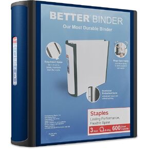Staples Better Binder, 3-Ring, Reinforced Rubber Spine, 3 Inch D-Ring Binders for Home, Office, School, Holds up to 600-Sheets, Blue