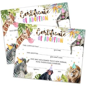 Safari Animals Adoption Certificate - Adopt An Animal Certificate For Girl - Animals Adoption Party Decorations - Wild One Party Animals Birthday Party Favors Supplies, 10 Adoption Certificates (CC06)