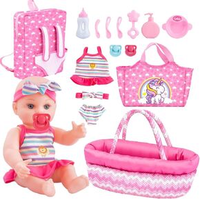 deAO Baby Doll Set 12" Baby Doll Playset with Portable Bassinet Bed,Backpack,Feeding Baby Doll Accessories for 3 4 5 6+ Year Old Girls