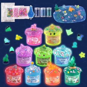 Ocean Adventure Glow in The Dark Slime Kit 9 Pack, with Deep Sea Slime Charms, Sensory Experience DIY Rainbow Slime for Kids, Glow Party Favors for Girls & Boys, Birthday Easter