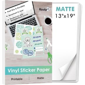 Koala Printable Vinyl Sticker Paper for Inkjet Printer 13x19 Inch - 30 Sheets Matte White Sticker Printer Paper, Waterproof, Tear-Resistant, Removable