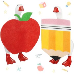 2 Sets Back to School Mini Desk Goose Outfits Pencil and Apple Shape 7 Inch Magnetic Silly Goose Statue Keychain Felt Clothing for School Holiday Party Nursery Classroom Decor