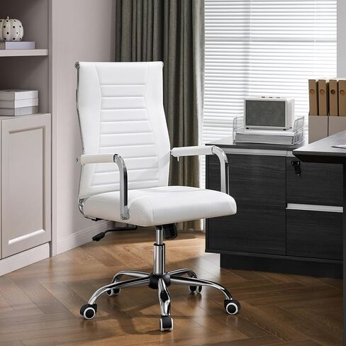 Yaheetech High-Back Office Desk Chair Executive Task Chair Management Chair PU Leather Chair Height Adjustable with Ergonomic Backrests for Conference and Home, White in Saudi Arabia