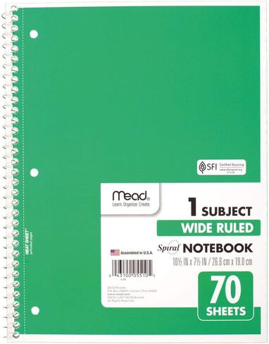 Mead Spiral Notebook ، موضوع واحد ، ورقة واسعة المسكوك ، 70 ورقة ، 10-1/2 "× 8" ، الأخضر (05510AC5) in Saudi Arabia