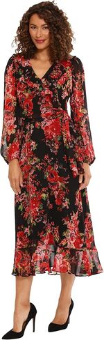 London Times Women's Long Sleeve Chic and Versatile Chiffon Ruffle Faux Wrap Dress in Saudi Arabia