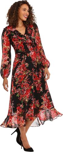 London Times Women's Long Sleeve Chic and Versatile Chiffon Ruffle Faux Wrap Dress in Saudi Arabia