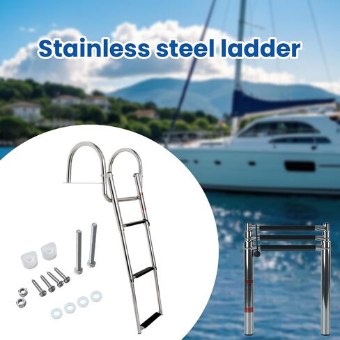 3 Steps Pontoon Boat Ladder, Stainless Steel Telescoping Inboard Boat Ladder Heavy Duty Rear Entry Custom Swim Deck Ladder with Pedal Hand Railing Ladder in Saudi Arabia