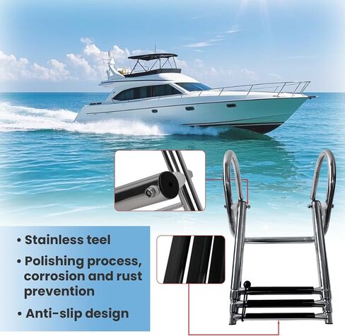 3 Steps Pontoon Boat Ladder, Stainless Steel Telescoping Inboard Boat Ladder Heavy Duty Rear Entry Custom Swim Deck Ladder with Pedal Hand Railing Ladder in Saudi Arabia