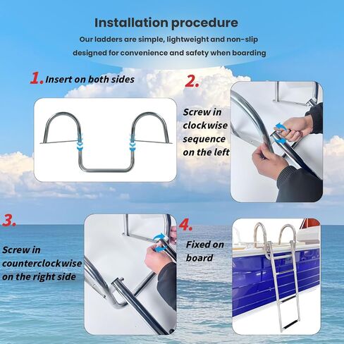 3 Steps Pontoon Boat Ladder, Stainless Steel Telescoping Inboard Boat Ladder Heavy Duty Rear Entry Custom Swim Deck Ladder with Pedal Hand Railing Ladder in Saudi Arabia