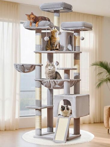 Taoqimiao 76-Inch Cat Tree with Scratching Posts,XXL Cat Tower for Large Cats with Cat Scratching Board,Extra-Large Metal Hammock,3 Perches, 2 Big Condos, Hanging Basket,MS047W,Light Gray in Kuwait