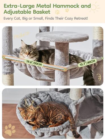 Taoqimiao 76-Inch Cat Tree with Scratching Posts,XXL Cat Tower for Large Cats with Cat Scratching Board,Extra-Large Metal Hammock,3 Perches, 2 Big Condos, Hanging Basket,MS047W,Light Gray in Kuwait