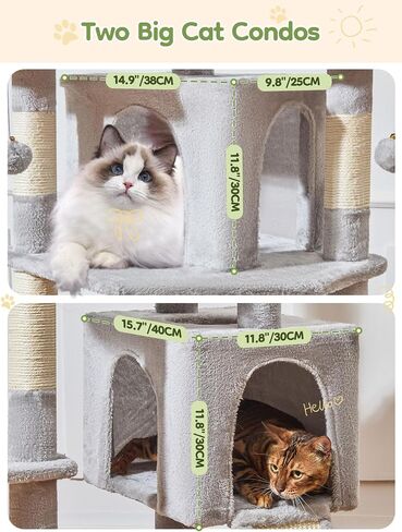 Taoqimiao 76-Inch Cat Tree with Scratching Posts,XXL Cat Tower for Large Cats with Cat Scratching Board,Extra-Large Metal Hammock,3 Perches, 2 Big Condos, Hanging Basket,MS047W,Light Gray in Kuwait