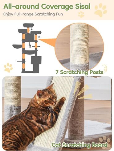Taoqimiao 76-Inch Cat Tree with Scratching Posts,XXL Cat Tower for Large Cats with Cat Scratching Board,Extra-Large Metal Hammock,3 Perches, 2 Big Condos, Hanging Basket,MS047W,Light Gray in Kuwait