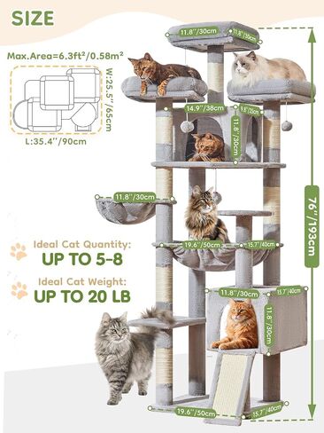 Taoqimiao 76-Inch Cat Tree with Scratching Posts,XXL Cat Tower for Large Cats with Cat Scratching Board,Extra-Large Metal Hammock,3 Perches, 2 Big Condos, Hanging Basket,MS047W,Light Gray in Kuwait