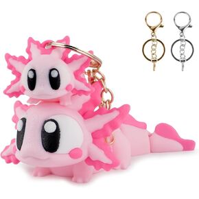 3D Printed Flexi Axolotl Set – Articulated Desk Figure 5.4 in with Mini Keychain 3.2 in, Gold & Spare Silver Ring, Poseable Aquatic Salamander Collectible