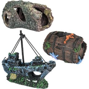 3 Pcs Fish Tank Decorations, Aquarium Decor Ornaments, Betta Fish Axolotl House Hideout Cave Stuff Accessories, Set of 3 Resin Hollow Tree Trunk, Starfish Barrel, Shipwreck Ship (3)