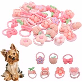 40 Pcs Dog Bows for Ears, Mixed Styles Puppy Hair Bows, Cute Grooming Flower Bowknot Strawberries Topknot Dog Hair for Yorkie Shih Tzu Maltese (Pink)