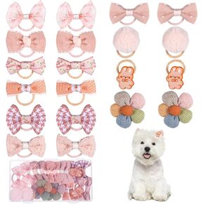 20 Pcs Light Pink Small Dog Hair Bows with Rubber Bands, Bulk Puppy Dog Hair Bows, Handmade Cute Grooming Flower Ball Bowknot Top Knot Dogs Hairs Accessories Hairs Ties for Holiday Daily Yorkie Pet