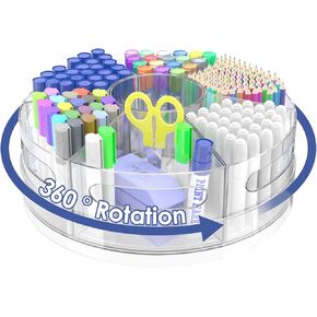 Acrylic Marker Organizer, 360 Degree Rotating Pencil Organizer with 7 Removable Compartments, Clear Crayon Organizers for Kids, Large Pencil Holder Desk for Office Home School