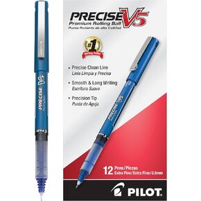 PILOT Precise V5 Stick Rolling Ball Pens Extra Fine Point Blue Ink Dozen Box (35335) Patented Precision Point Technology, Smooth Skip-Free Writing, Visible Ink Supply