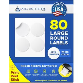 80 Label Outfitters® Large Round Labels, 4 inch Diameter, Laser and Inkjet Printable, 20 Sheets