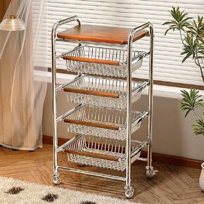 Rolling Kitchen Carts with Wheels, Kitchen Island with Wheels and Mesh Basket, Heavy Duty Utility Cart Storage Trolley for Dining Room, Coffee Bar, Bathroom, Office, 15.4''Lx11''Wx27.6''H