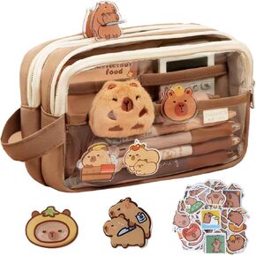Capybara Pencil Case ، Capybara Stationery تأتي مع 10 ملصقات+2 دبابيس+دمية*1 مناسبة لتخزين قرطاسية 9 طبقات التخزين سعة التخزين (بنية)