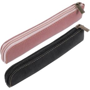 simarro Leather Pencil Case, 2pcs Small Pencil Pouch Portable Zipper Bag Cute Slim Makeup Bag Soft Simple Office Stationery Pouches for Women Men Markers Change Coins(Black+Pinke)