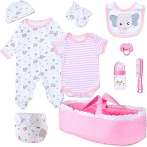 Reborn Baby Doll Clothes with Bassinet and Reusable Diaper Accessories 10-Piece Set fit 17-22 Inch Baby Dolls Girl, Pink Newborn Dolls Girl Outfits Cute Elephant Patterns Design