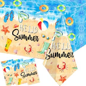 GREHUMOR Hello Summer Tablecloths Hawaiian Beach Party Table Cover 3Pcs Plastic Tropical Beach Tablecloth Beach Birthday Decorations for Summer Beach Ocean Sea Pool Birthday Party Supplies