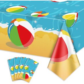 4 Pcs Beach Ball Tablecloths - Disposable Plastic Pool Party Tablecloth, Rectangular Ocean Tablecloth for Summer Hawaiian Beach Swimming Pool Party Decorations,51 x 86inch