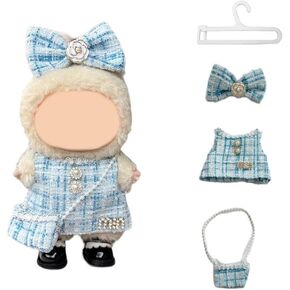 15/17cm Doll Clothes, Clothes for Dolls Outfit, Accessories for 17cm Dolls, Bow Hair Accessory + Pearl Checkered Skirt + Pearl Backpack + Clothes Hanger(NO Doll)(Blue)