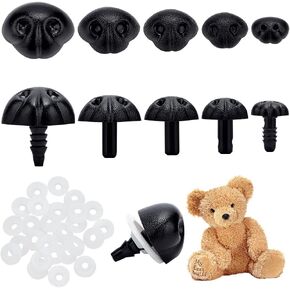 AHANDMAKER 50 Pcs Plastic Safety Noses, 5 Sizes Black Plastic DIY Dog Nose Craft Nose with Washers, Dog Safety Noses for DIY Puppy Doll Stuffed Animal Crochet Plush Animal Making