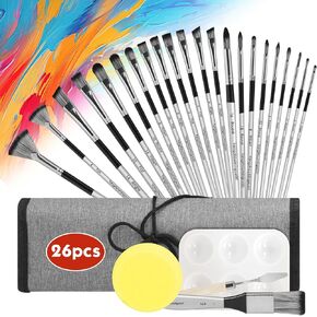 Paint Brush Set: 26 Pcs Nylon Paint Brushes Sets for Kids Adults and Beginners Professional Artist Series with Angled Round Flat Detail Fan Paintbrush for Oil Acrylic and Watercolor Painting