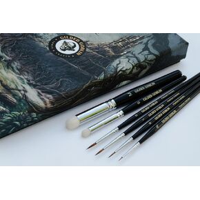 Kolinsky Sable Miniature Paint Brushes Set – 6 Detail & Drybrush Brushes for Miniature Painting, Warhammer, D&D, Scale Models, Acrylics – Professional Fine Tip Brushes by Gilded Goblin Tools & Crafts