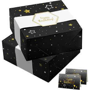 Beautiful & Sturdy Medium Black Gift Box Measuring 10 x 10 x 3.9 Inches for Birthday Gifts - Box Includes Cards, Wrap band (set of 2)