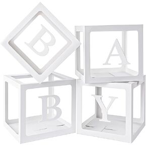 VGOODALL Baby Boxes with Letters for Baby Shower, 4 PCS Clear Balloon Boxes for Boys and Girls Birthday Gender Reveal Decorations.