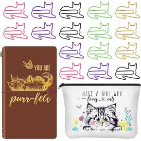 Fumete 24 Pcs Book Lover Gifts Setsincludes Journal Notebook Makeup Bags and Paper Clips Team Office Supplies Student Graduation Gift for Book Lovers Women Teacher Nurse(Cat)