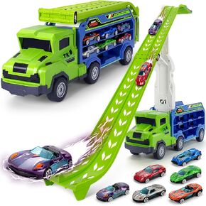 BainGesk Truck Toys Car for 3, 4, 5, 6 Years Old Boys, Carrier Race Truck Toys, Foldable 2 Layer Transport Car Toys with 27 in Race Track and 6 Metal Cars, Birthday Gifts for Toddler Boys Girls
