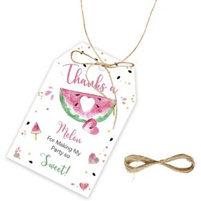 50pcs Watermelon Thank You Tags, Thanks a Melon Gift Tag with String for Girl Birthday Party, Sweet Fruit Thank You Paper Tags for Sweet One Party Favors