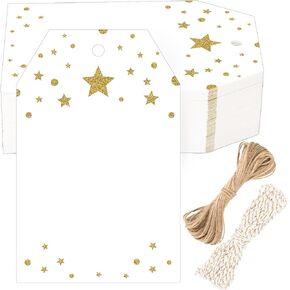 G2PLUS Gold Gift Tags with String, 100PCS Foil Gold Stars Polka Dots Blank Gift Tags, White Paper Hanging Labels Stars Dots Name Tag for Present Wrapping, Birthday, Wedding, Christmas Party Favors