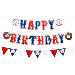 3 Pieces Blue Pre-strung Baseball Banner,No DIY Happy Birthday Backdrop Bunting Sign, Triangle Bunting Pennant Flag Sports Themed Decorations for Baby Shower Boys Birthday Party Supplies