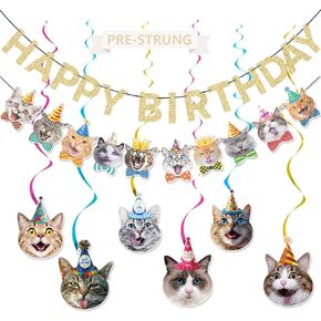 Cat Happy Birthday Banner - Cat Birthday Decorations Party Decorations Happy Birthday Sign Party Decor Supplies for Kids, Boys, Girls