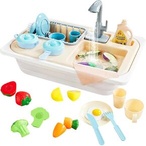 Beright Play Kitchen Sink Toys for Toddlers, Upgraded Faucet with Running Water, Pretend Play Sink Set, Perfectly Match for Sensory Table, Upgraded