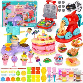 4-in-1 Playdough مجموعات للأطفال في نهاية المطاف Play Dough 24 Clay Creative Kitchen Set Ice Cream Hamburger Cake Maker Maker Crafts Food Toys with Tools for Boy Girl Kids Age 3 4 6 7 8
