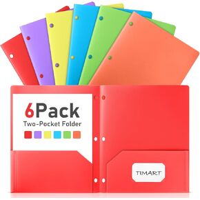 Timart Folders with Pockets 3 Hole Punched-6 Pack, 2 Pocket Heavy Duty Plastic Pocket Folders for 3 Ring Binder, Fit Letter Size Paper File Folder for School Office (Pastel)