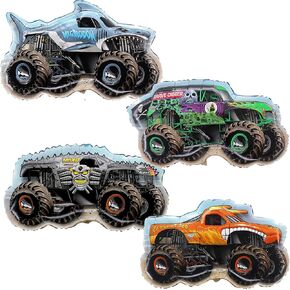 Toyland® Pack of 4 Monster Jam Truck Foil Balloons - Grave Digger ، El Toro Loco ، Max D & Megalodon pallonons