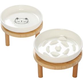Raised Slow Feeder Cat Bowl, 5.9 Inch Wide Shallow Ceramic Elevated Glass Food Bowl Puzzle Feeders, Anti Vomit Cat Dish, Whisker Friendly Pet Plates Feeding Station for Indoor Cats, Kitten(2 Set)