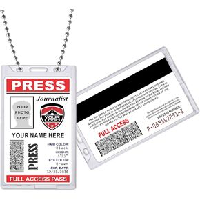 Press Pass ID Card - (Customizable) Upload Any Logo - PVC Plastic - Double Sided - Badge Holder & Ball Chain Included - Made in The U.S.A. -