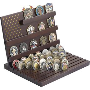 Wooden Coin Display Rack, Challenge Coin Rack with Flag Decoration, Vertical Horizontal Display for Collectibles, 80-100 Coin Capacity